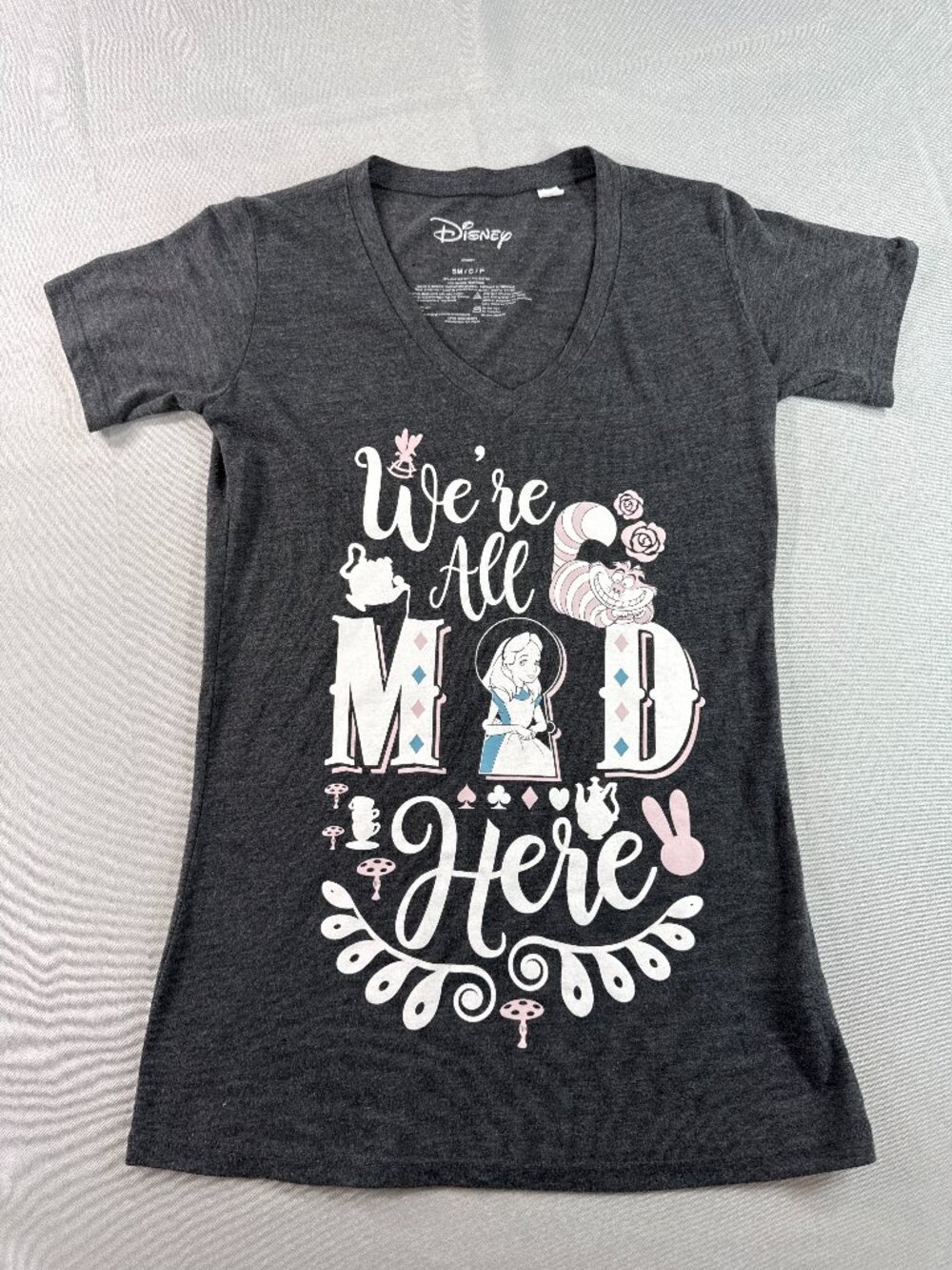 Disney Alice In Wonderland Were All Mad Here T Shirt Womens Small Gray V Neck